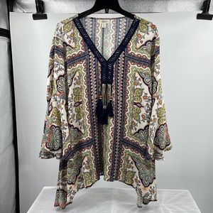 Style Co Global Escape havana tiles boho bell sleeve tassel blouse Size XXL NWT